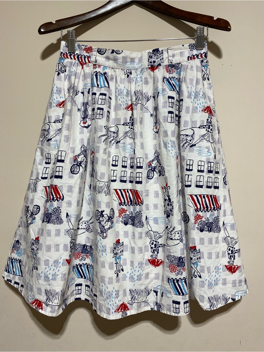 ModCloth “Rainy Day in Paris” Skirt A-Line Novelty whimsical Print Dogs Mini MED